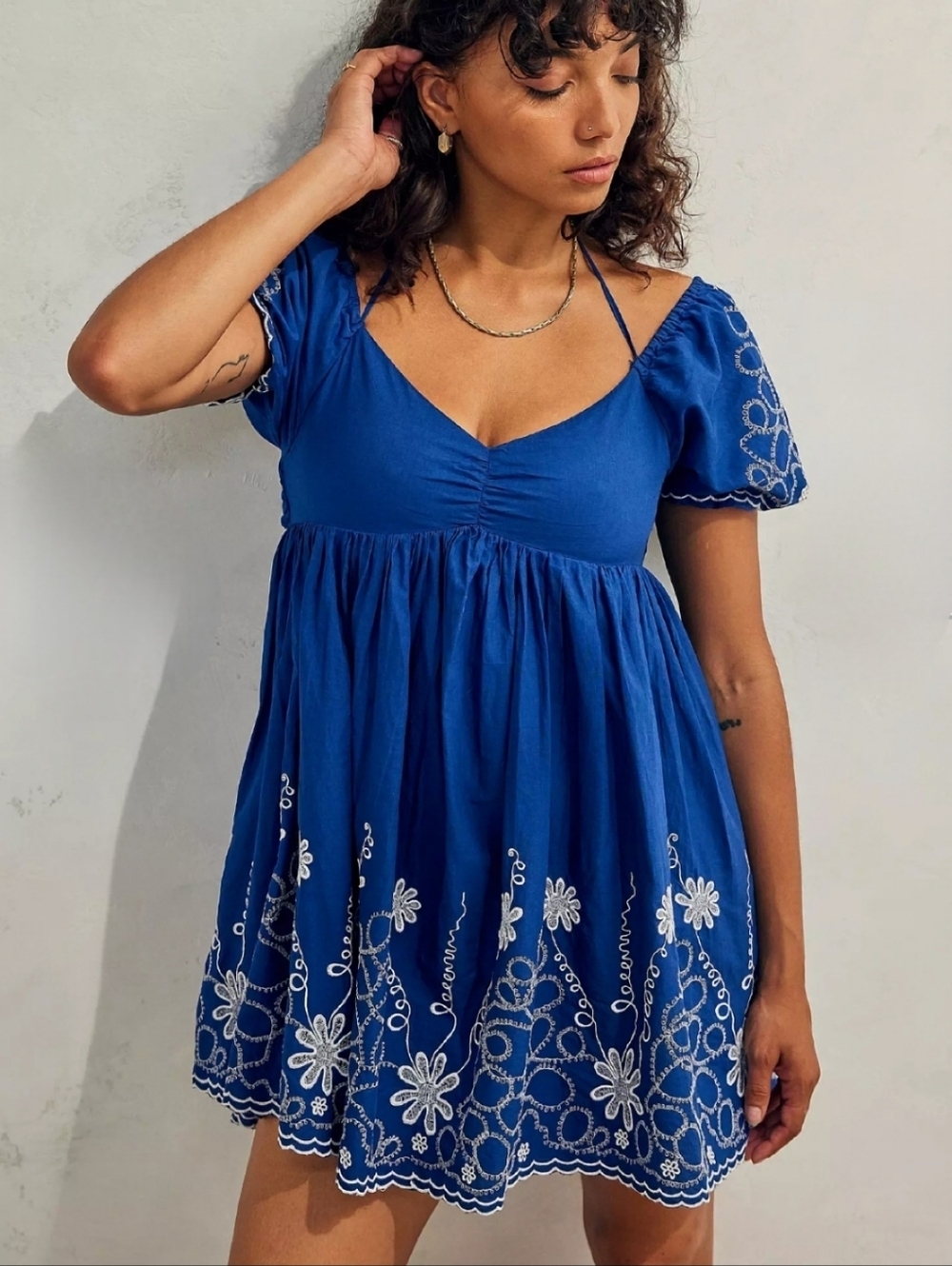 Urban Outfitters Shiloh Embroidered Babydoll Mini DressXS Lined Boho Cottagecore